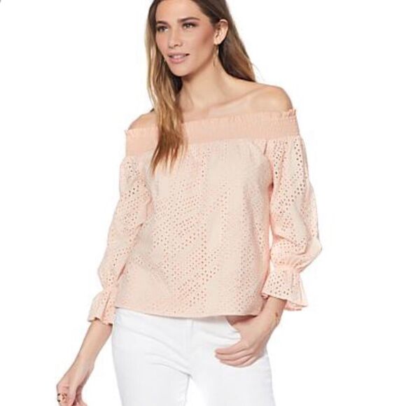 Eva Longoria Eyelet Off the Shoulder Top - Picture 1 of 7